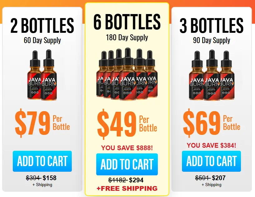 Java Burn price bundles: 2, 3, and 6 bottle packages with discounts
